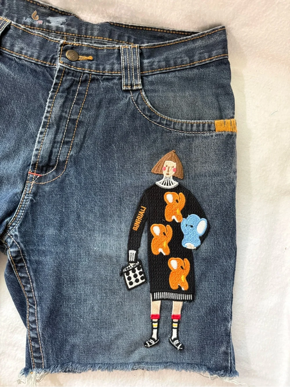 Upcycled Boho Jean Shorts Hand-Stitched Embroidered Puppy Patchwork Raw Hem Lg